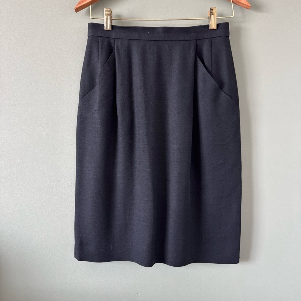 Vintage JAEGER Black Pencil Skirt 10 Rayon Lined Pleats Pockets Preppy Academia